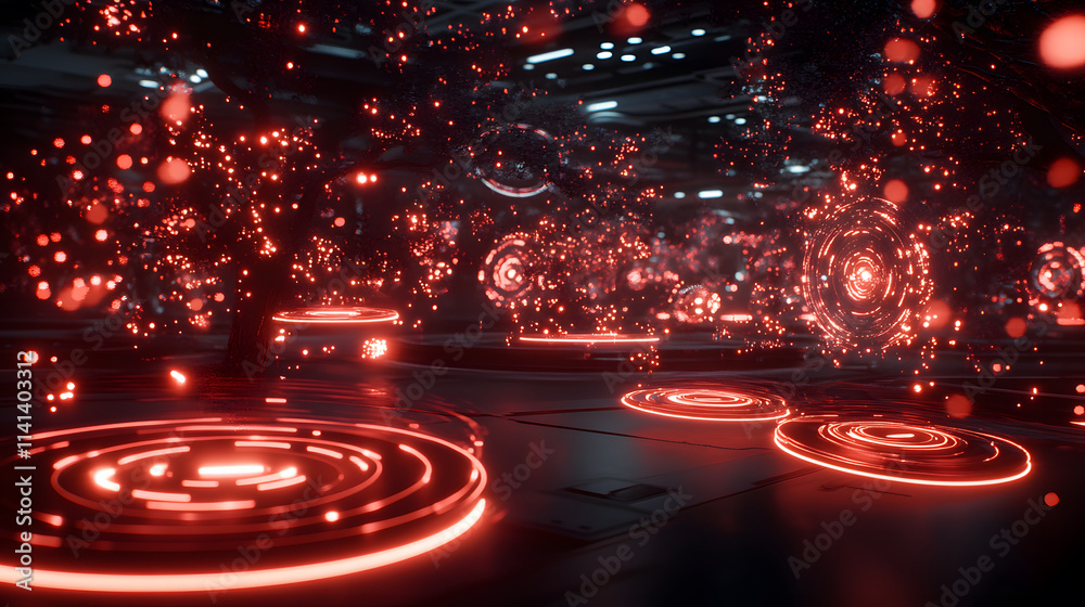 Poster A futuristic scene with glowing red orbs and circular patterns against a dark background, creating a vibrant, sci-fi atmosphere