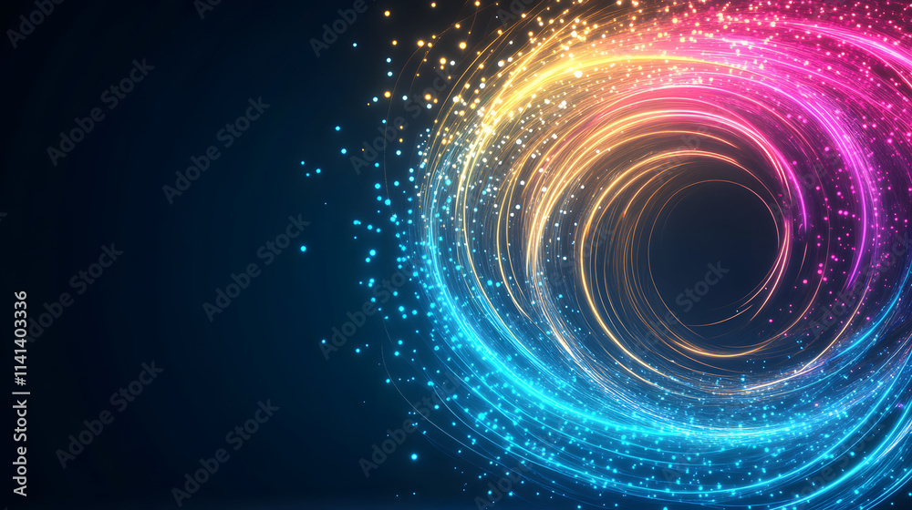 Poster a vibrant swirl of colorful light particles against a dark background, creating a mesmerizing, abstr