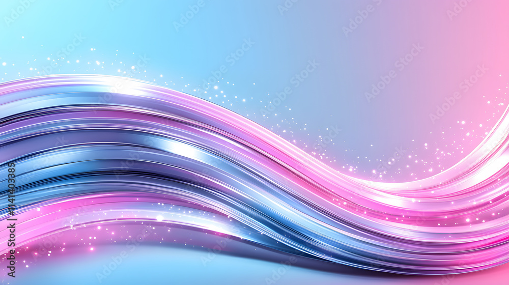 Poster A vibrant abstract design featuring flowing curves in blue and pink hues, accented with shimmering lights and a smooth gradient background