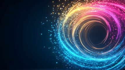 A vibrant swirl of colorful light particles against a dark background, creating a mesmerizing, abstract visual effect