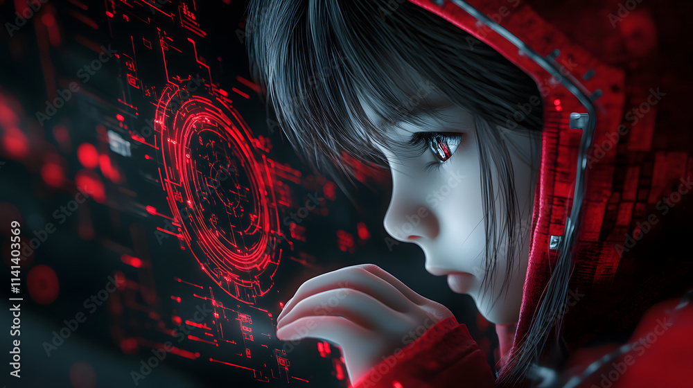 Poster a futuristic portrait of a girl in a red hood, interacting with a glowing digital interface, showcas