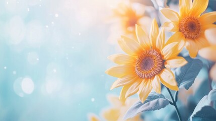 Obraz premium Sunflowers blossom in bokeh with light blue background.