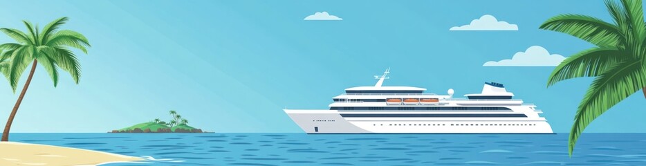 Fototapeta premium Cruise ship by islands and palm trees on clear ocean view.