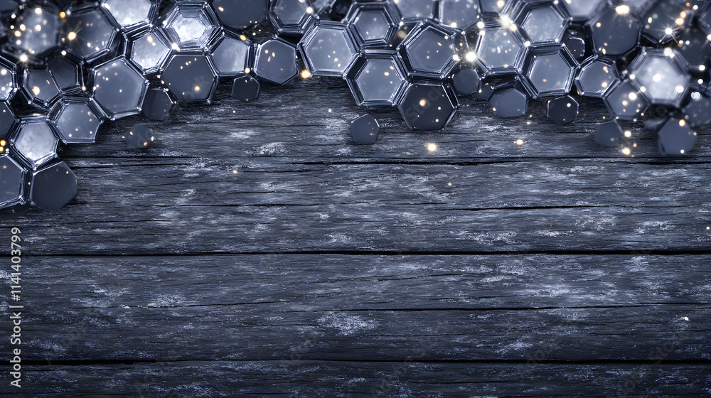 Poster A dark wooden surface with a shimmering hexagonal pattern above, creating a striking contrast between texture and light