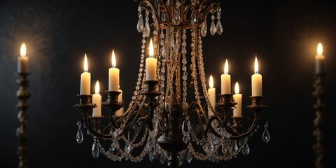 elegant chandelier with flickering candle atop a luxurious black backdrop, luxury, interior