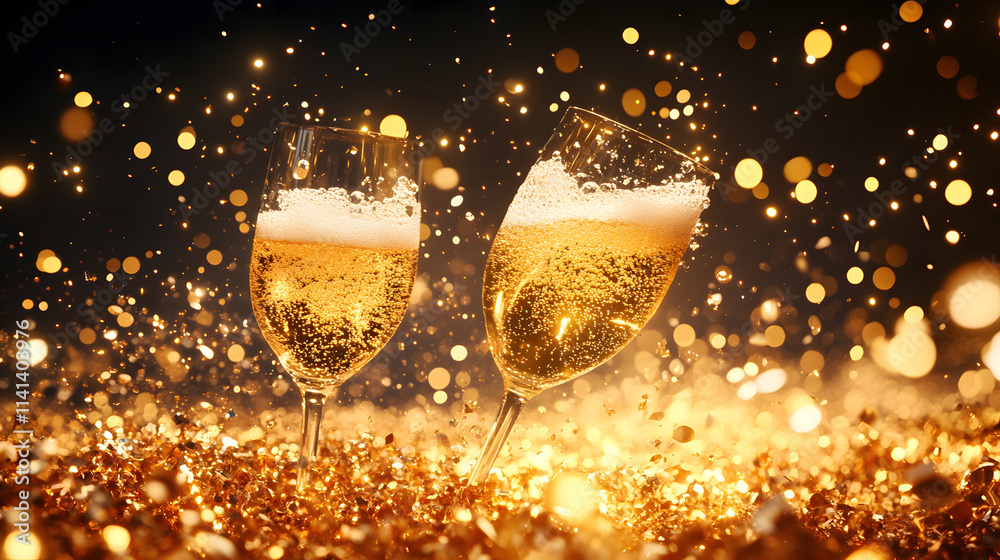 Poster two glasses of sparkling champagne toast amidst a shower of golden bubbles, creating a festive and c