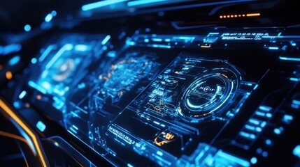 Fototapeta premium Futuristic cockpit with glowing screens and interfaces.
