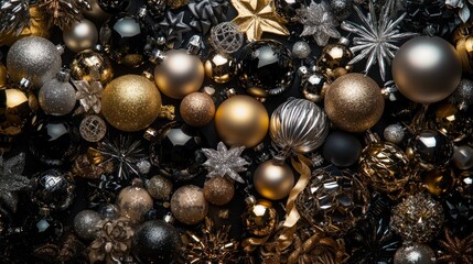 Gold, silver, and black Christmas ornaments on dark surface.