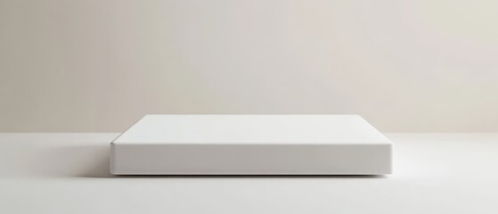 Floating square white podium with beveled edges, pure white infinite space, premium design style