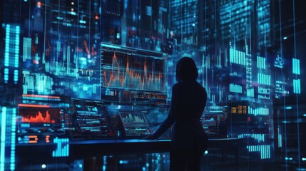 Silhouette person views digital, glowing screens with data and charts.