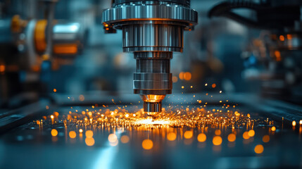 Close up of CNC machine cutting metal with sparks flying in high tech workshop