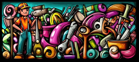 Cartoon person with tools and kitchen items.
