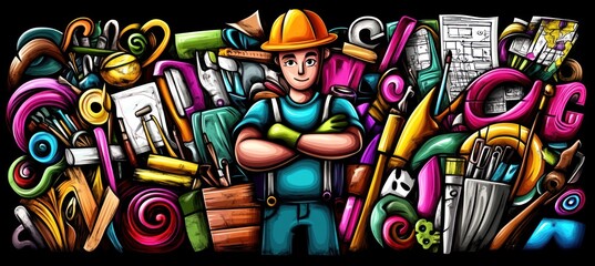 Handyman with tools, paint, and wood in doodle style on a black background.