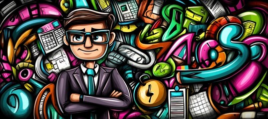 Obraz premium Cartoon businessman with vibrant abstract graffiti background, wearing glasses.
