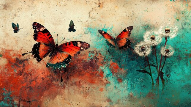 Fototapeta Colorful butterflies fluttering among dandelions in a dreamy nature scene