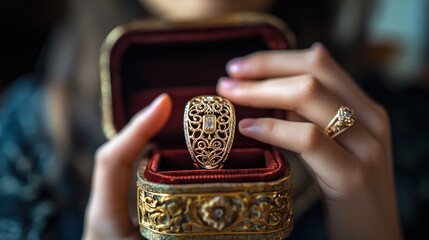 Ornate gold ring in velvet box, hands holding.