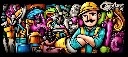 Obraz premium Cartoon handyman with tools and abstract background.
