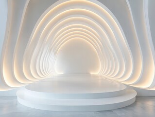 Obraz premium Symmetrical abstract white podium with integrated lights, pure white luxury backdrop, innovative design