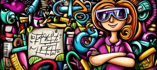 Fototapeta premium Cartoon woman with goggles, surrounded by colorful scribbles.