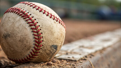 A scuffed baseball with vibrant red laces rests on a wooden bench, embodying the spirit of the game and its gritty charm