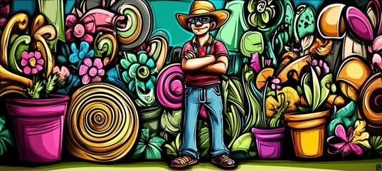 Fototapeta premium Cartoon gardener with colorful plants.