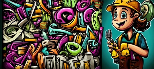 Cartoon worker with graffiti art.
