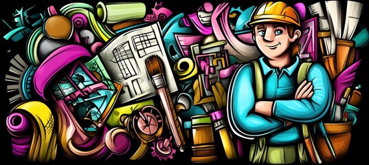 Obraz premium Colorful builder with tools & blueprint illustration.