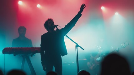 Christian worship with praise to God Ready to raise your hand at the Christian music concert, Holy City. copy space event