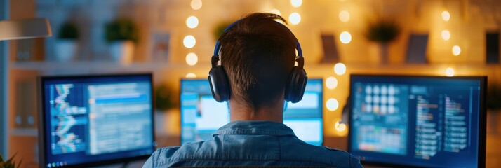 A person wearing headphones sits in front of multiple monitors, immersed in work or gaming, with warm lighting and plants in the background.