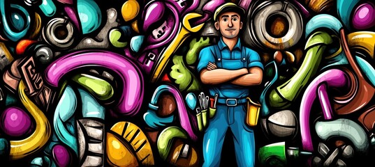 Obraz premium Cartoon handyman with crossed arms, tools background.