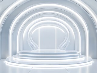 Obraz premium Symmetrical abstract white podium with integrated lights, pure white luxury backdrop, innovative design