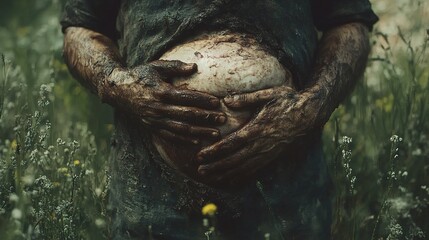 Obraz premium Muddy Embrace: A poignant depiction of motherhood and resilience