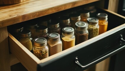 Spice jars in drawer.