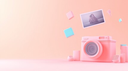 Pink camera with floating photo and geometric shapes.
