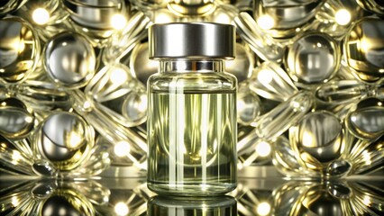 Glass Bottle of Liquid with a Silver Cap Against a Shiny Background