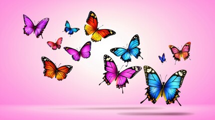 Colorful butterflies flying against pink background nature scene graphic art vibrant view