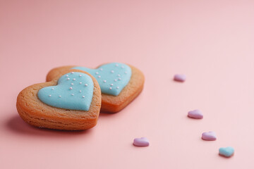 Fototapeta premium Heart-shaped cookies with pastel icing on a pink background for Valentine's Day celebration