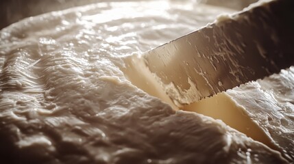 Obraz premium Creamy white cheese cut with a knife, close-up.
