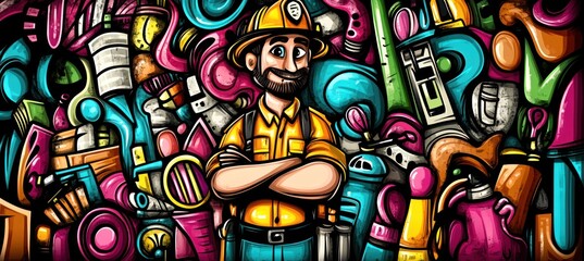 Cartoon builder smiles with folded arms, colorful tools background.