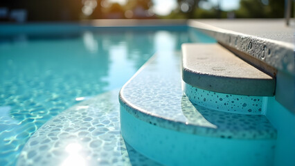 Serene pool steps beckon you to a refreshing dip.  Crystal-clear turquoise water shimmers invitingly under the sun's gentle embrace.