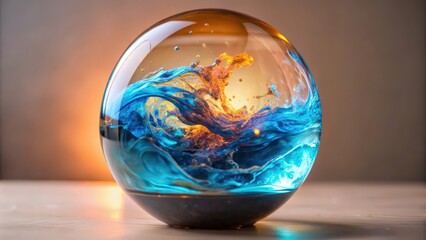 Glass Sphere Encapsulating a Swirling Blue and Orange Liquid