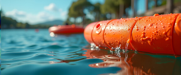 Vibrant orange buoy floats serenely on a tranquil teal lake, water droplets clinging to its surface, reflecting the sun's warm glow. A picturesque summer scene.