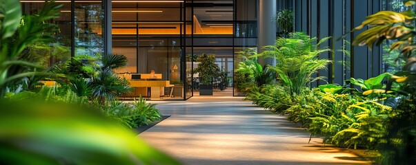 Fototapeta premium Corporate office space featuring lush green plants