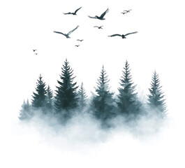 Obraz premium PNG Forest with spruce trees flying birds illustration.