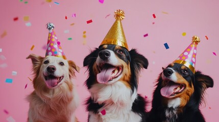 Three dogs with party hats, confetti falling.