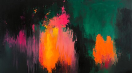 Abstract Painting with Vivid Orange Pink and Green Hues