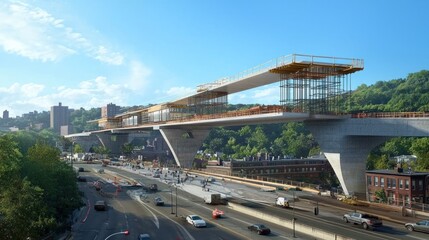 Naklejka premium Elevated train station under construction above a busy highway.