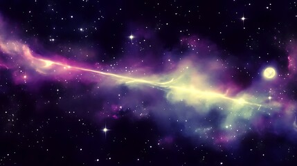 A vibrant nebula with a glowing, cosmic ray and a bright moon in a dark starry sky.