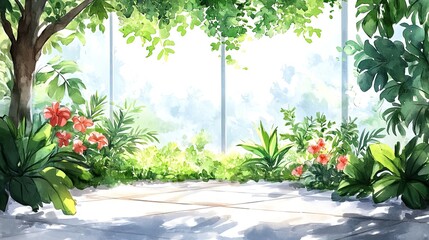 A bright and airy room with a large window overlooking a lush green garden. The room is filled with sunlight, and there is a wooden floor in the foreground.