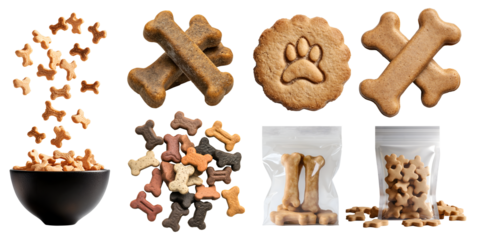 Collection of Bone shaped dog treats pet food biscuits, many angles view stack heap pile, package pack foil, bowl fly scattered drop, on transparent cutout PNG. Mockup template for artwork design	
